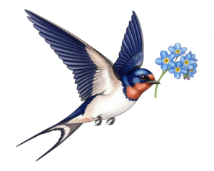 Watercolor Swallow Flying with Forget-Me-Not Flowers