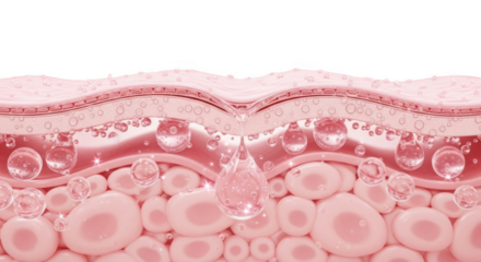 Skin layers with cells and bubbles on pink background isolated on transparent background
