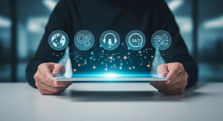 Global digital technical support concept with tablet interface showing automation connectivity worldwide assistance and modern technology services