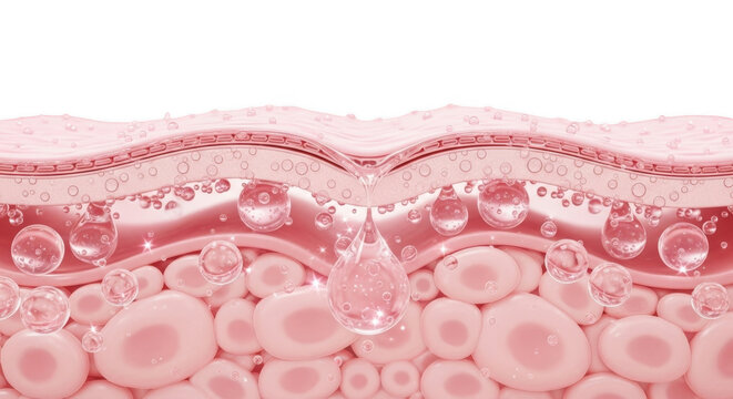 Skin layers with cells and bubbles on pink background isolated on transparent background
