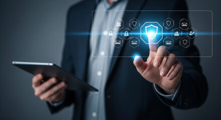 Corporate cybersecurity interface showing glowing shield symbol as user manages secure digital communication and data access