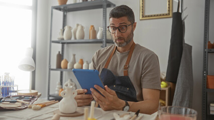 Man wearing apron holding blue tablet and touching glasses while seated at pottery table in studio; concentration.