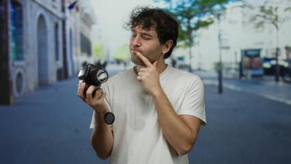 Hispanic man outdoors on a street pondering with a camera in hand, showcasing thoughtful expression...