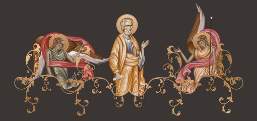 Saint Peter. Decorative vintage border with angels, illustration in Byzantine style