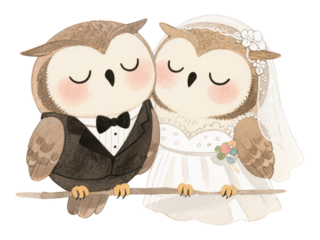 Watercolor Owl Couple in Wedding Attire Illustration