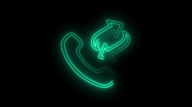 Blue neon glowing telephone receiver icon with upward arrow symbol on black background representing outgoing call