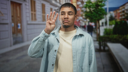 Man raising three fingers with visible hand gesture and slight smile in front of buildings on a city street; playful greeting.