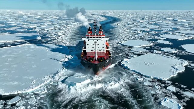 Icebreaker Ship Through Frozen Waters - An icebreaker ship is seen from the front, plowing through a sea of fragmented ice floes.