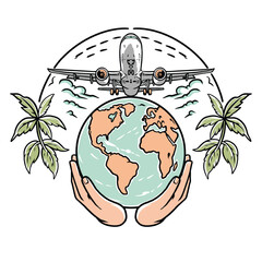 Hands Holding Earth With Airplane and Sustainable Nature Concept