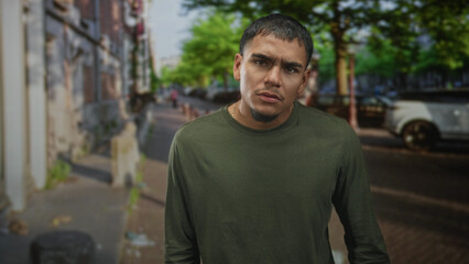 Fototapeta premium Man with visible face leaning slightly forward and looking at camera on a tree lined street with parked cars and brick buildings; urban solitude contemplation.