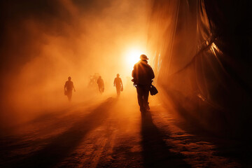 Silhouetted construction workers navigating dusty foundry shop at sunset