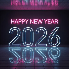 Sleek Neon "Happy New Year 2026" 3D Illustration with Reflective Grid