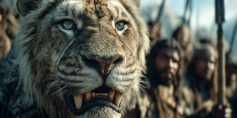 Primitive family encounters saber toothed tiger in primeval forest setting