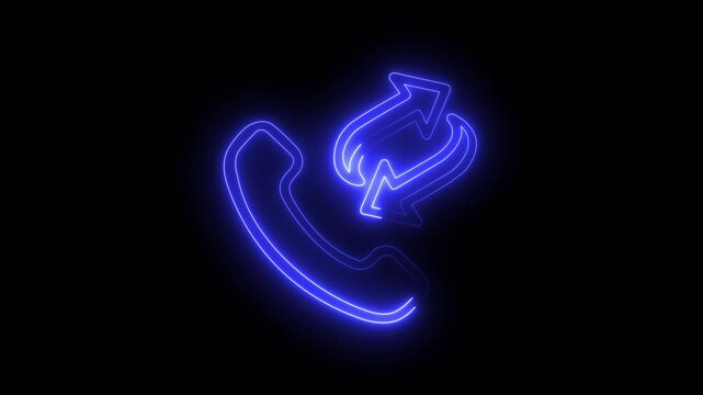 Blue neon glowing telephone receiver icon with upward arrow symbol on black background representing outgoing call