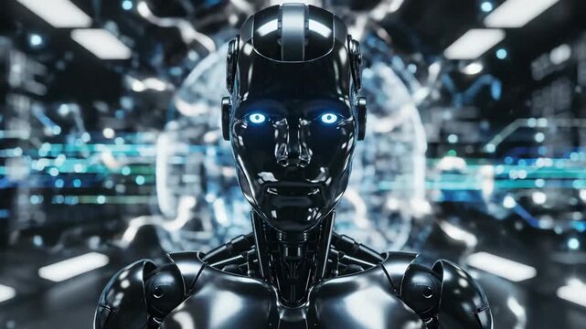 Futuristic Robot Gaze - A close-up view showcases a highly detailed, glossy black robot figure from the chest up.