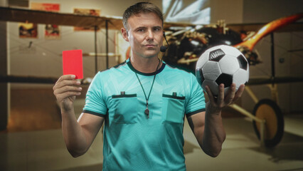 Referee man holding a red card in his left hand and balancing a soccer ball in his right hand...