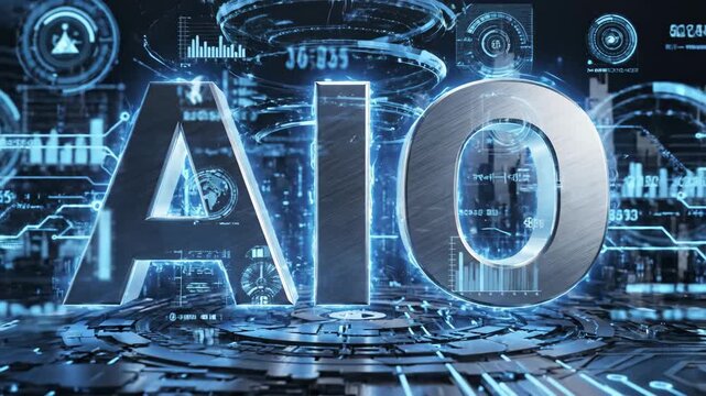 Digital AIO Technology Concept - This video depicts a glowing metallic 'AIO' text set against a high-tech, futuristic backdrop with circuit patterns and digital information displays.