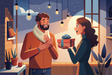 Couple exchanging gifts in cozy home