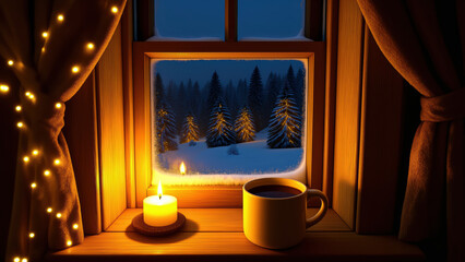 Cozy winter evening with warm candlelight, hot drink, and snowy pine forest view through frosted window, golden fairy lights create peaceful, inviting atmosphere
