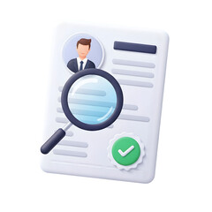 Magnifying glass examining a document with a profile and green checkmark badge isolated on a transparent background