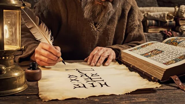 Medieval Scribe Writing with Quill - A medieval scribe with a beard is carefully writing on parchment using a quill pen.