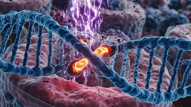 DNA Structure Disruption - This video shows a stylized representation of DNA being disrupted by glowing, ellipsoid objects amidst a burst of energy.