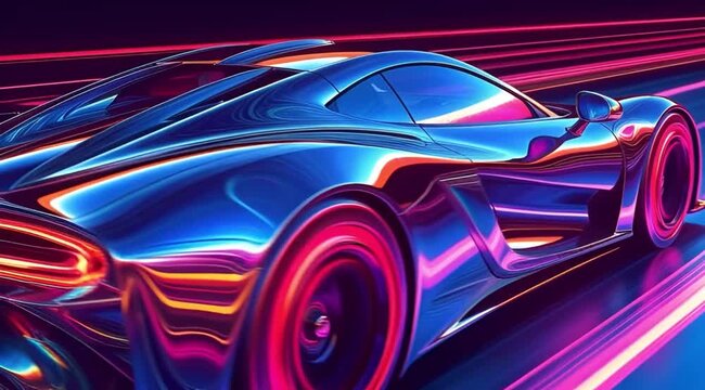 Neon sports car drifting on wet road in a cyberpunk night, vibrant motion blur and glowing lights, futuristic racing concept in 4K.