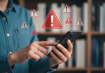 Person using a smartphone with multiple warning icons appearing around the device in the image
