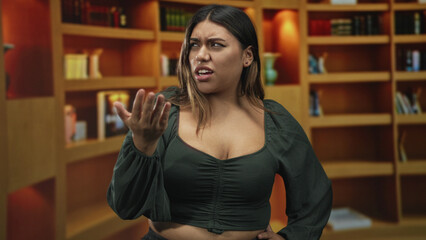 Woman, hispanic plus size, beckoning hand and disgusted face in a library building with wooden...