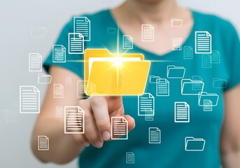 Woman touching a glowing folder icon surrounded by document icons on a blue background design