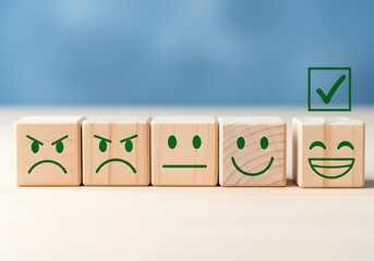 Wooden blocks displaying different emotions ranging from anger to happiness with a green check mark