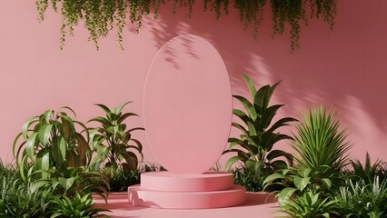 Serene tropical oasis with lush greenery and soft pink background