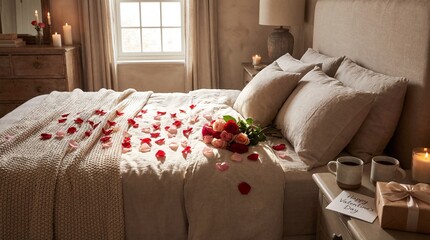 Romantic bedroom setup with rose petals