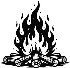 Vintage Woodcut Campfire Art | Bold Black & White Tattoo Flame Vector