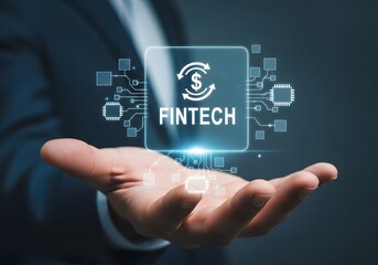 A hand holding a fintech icon with dollar sign and arrows surrounded by circuit board elements