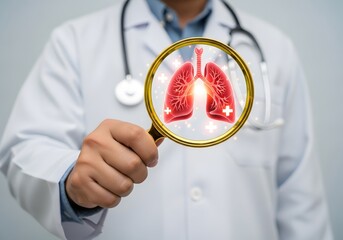 A doctor holding a magnifying glass over lungs with crosses in a white coat and stethoscope on neck
