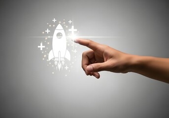 A hand touching a glowing rocket ship icon with plus signs on a gray gradient background image