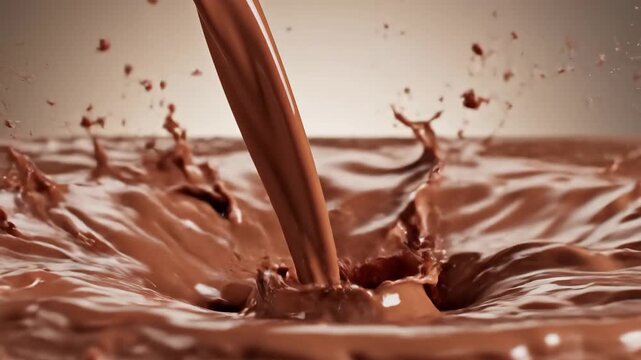Chocolate Splash - Chocolate is being poured, making a large splash that sends droplets of chocolate in all directions. The chocolate looks rich and thick.