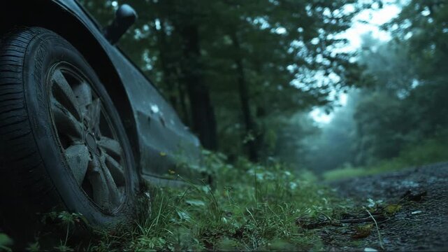 Abandoned car with flat tire by dirt road in foggy forest  
