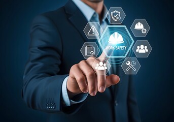 A man in a suit touching a digital interface with work safety icons on a dark blue background