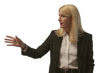 Obraz premium Businesswoman Giving Presentation on Transparent Background