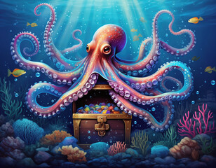Vibrant digital illustration of a majestic octopus guarding an open treasure chest filled with gems on the seafloor. Perfect for themes of discovery, wealth, hidden mystery, and fantasy.