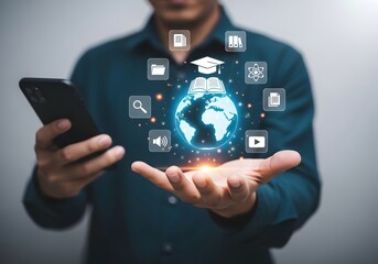 A person holding a phone and a glowing globe with education and technology related icons around it