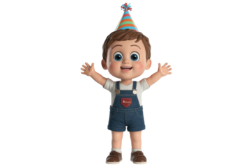 Cartoon Boy with Birthday Hat and Overalls