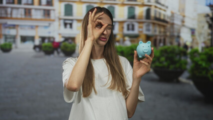 Fototapeta premium Woman holding blue piggy bank making ok sign over eye on a cobblestone street with large planters and buildings blurred; savings optimism.