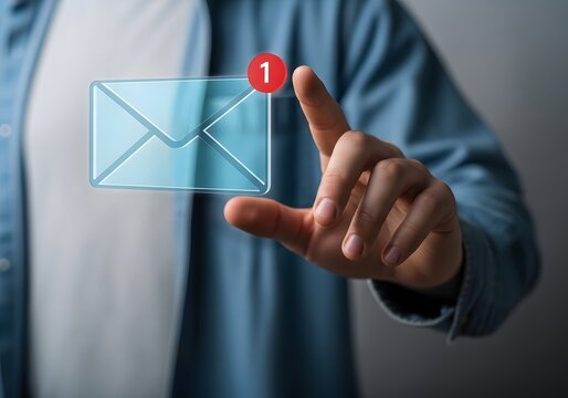 A person touching a transparent email icon with a notification indicating one new message received - Powered by Adobe