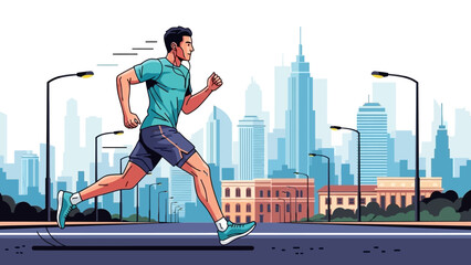 City Runner's Endurance: A determined runner races through the urban landscape, showcasing dedication and physical prowess against the backdrop of a bustling city.