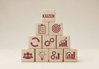 A pyramid of wooden blocks displaying kaizen and various business icons on a neutral background color