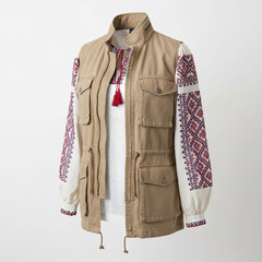 A stylish collection of male and female fashion clothing including a cotton shirt, leather jacket, and warm winter coat isolated on a white background as elegant textile garment objects