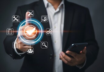 Businessman interacting with digital interface showing icons and checkmark on dark background